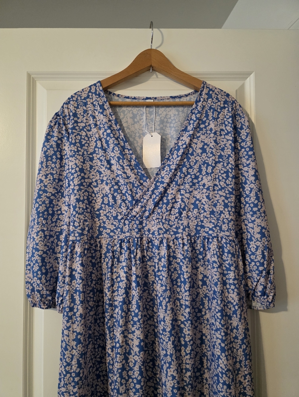 Floral High Slit Plunging Vneck Maxi Dress Womens L Blue Nwt Cottage Core Preppy - Picture 6 of 8
